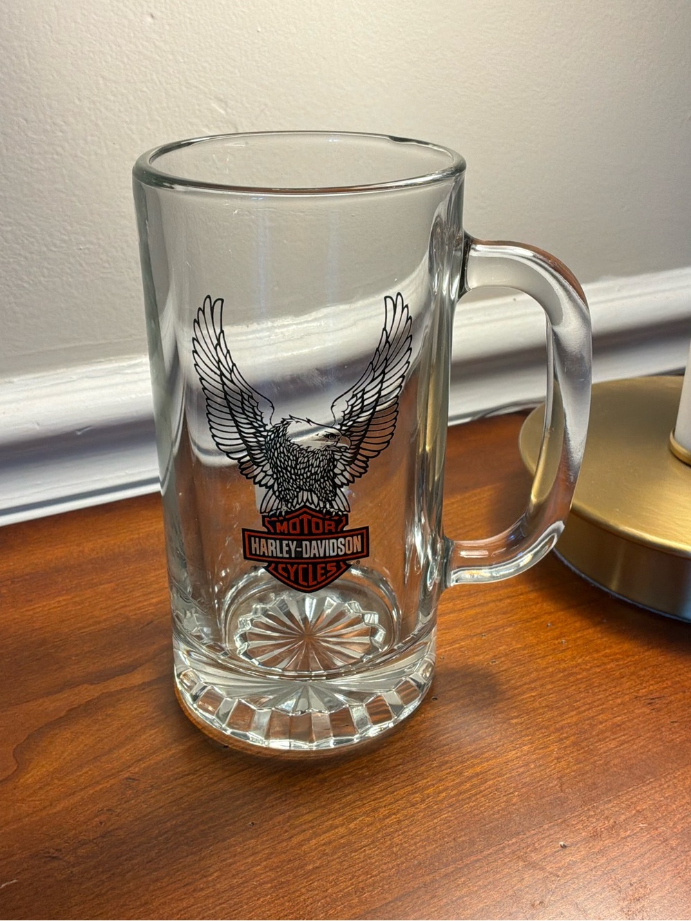 Harley-Davidson Clear Glass Mug with Black Eagle and Orange Shield